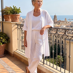 Pink three-piece relaxed top and pant set by THE WHITMORE FAMILY featuring a comfortable, casual style.
