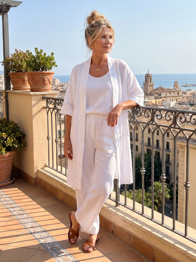 Pink three-piece relaxed top and pant set by THE WHITMORE FAMILY featuring a comfortable, casual style.