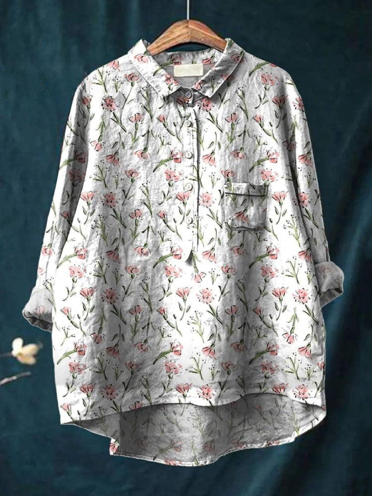 Pink and white floral Serenity shirt by THE WHITMORE FAMILY, featuring a feminine design with a comfortable fit.