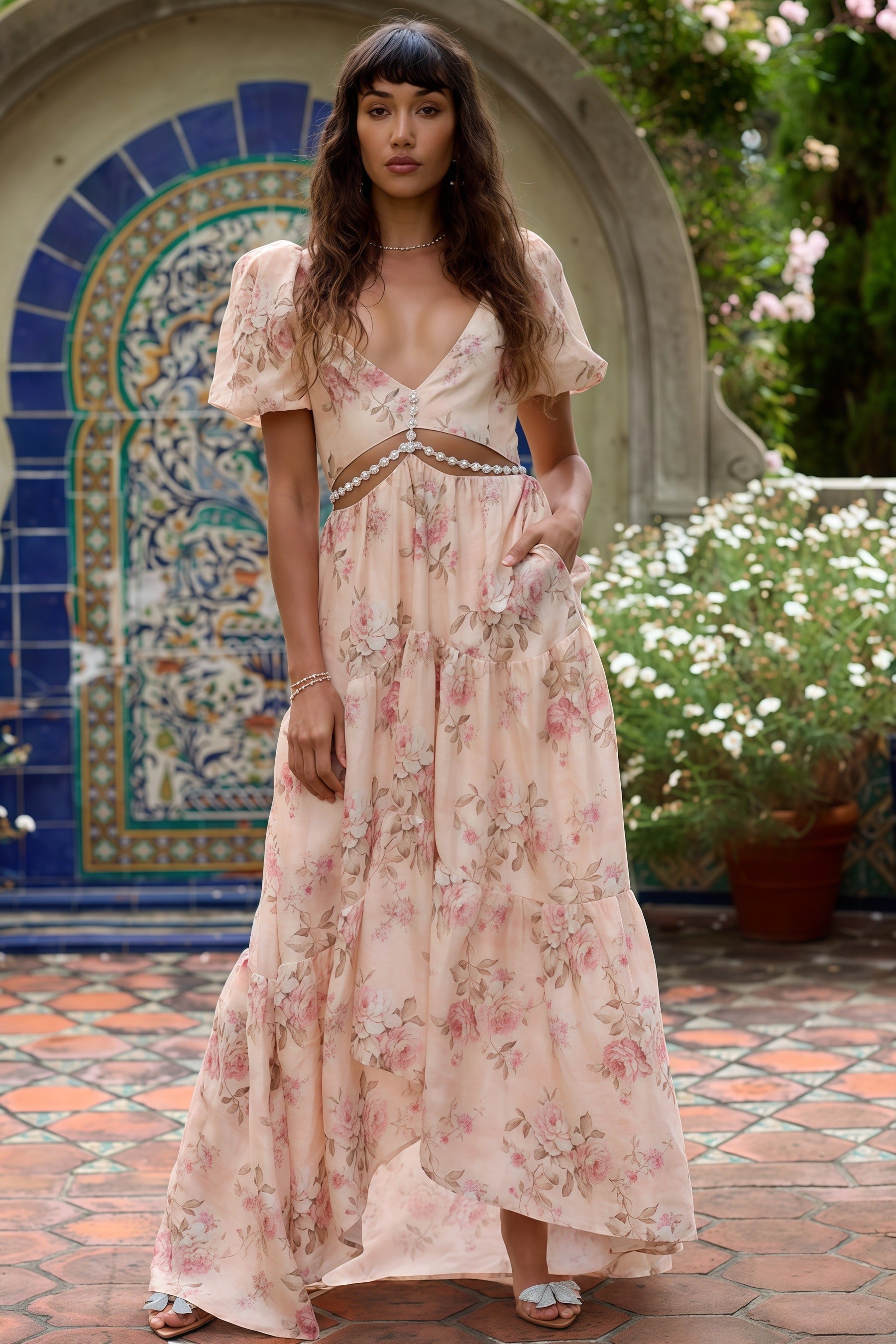 Pink Layla elegant flowing dress by THE WHITMORE FAMILY, showcasing lightweight fabric and stylish design.