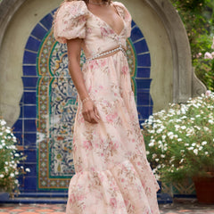 Pink Layla elegant flowing dress by THE WHITMORE FAMILY, showcasing lightweight, stylish fabric and feminine design.
