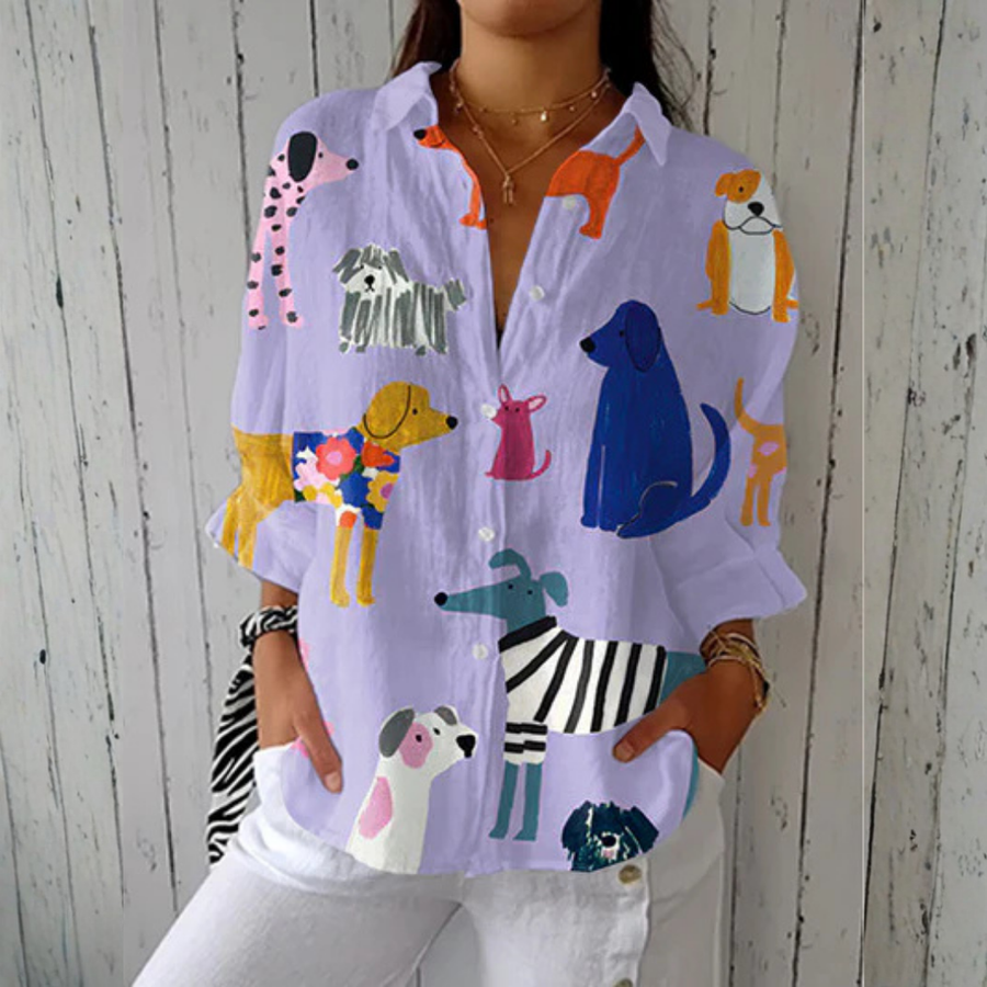 Rachel™ Bloom Meadow Blouse by THE WHITMORE FAMILY, purple fabric with floral pattern, lightweight and casual for stylish wear.