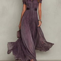 Purple Julie chiffon lace trim maxi dress by THE WHITMORE FAMILY, featuring flowing fabric and elegant lace details.