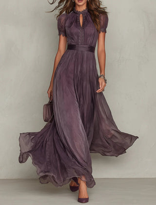 Purple Julie chiffon lace trim maxi dress by THE WHITMORE FAMILY, featuring flowing fabric and elegant lace details.