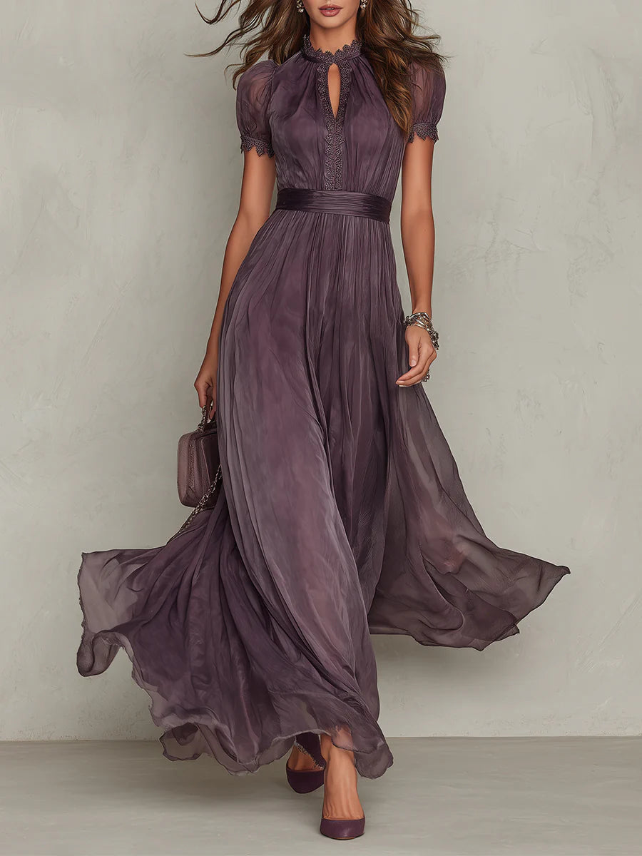 Purple Julie chiffon lace trim maxi dress by THE WHITMORE FAMILY, featuring flowing fabric and elegant lace details.