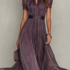 Purple Julie chiffon maxi dress with lace trim by THE WHITMORE FAMILY, featuring a flowing silhouette and elegant design.