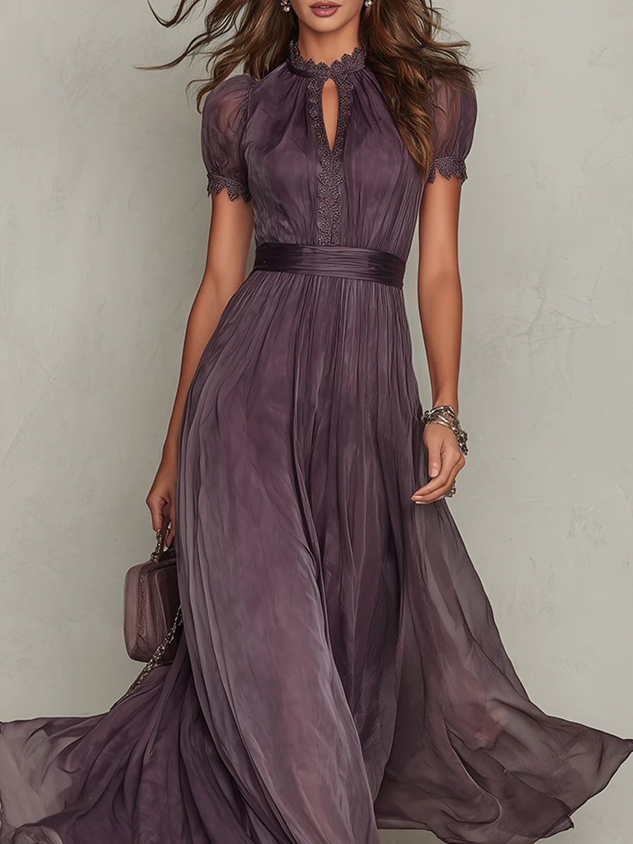 Purple Julie chiffon maxi dress with lace trim by THE WHITMORE FAMILY, featuring a flowing silhouette and elegant design.