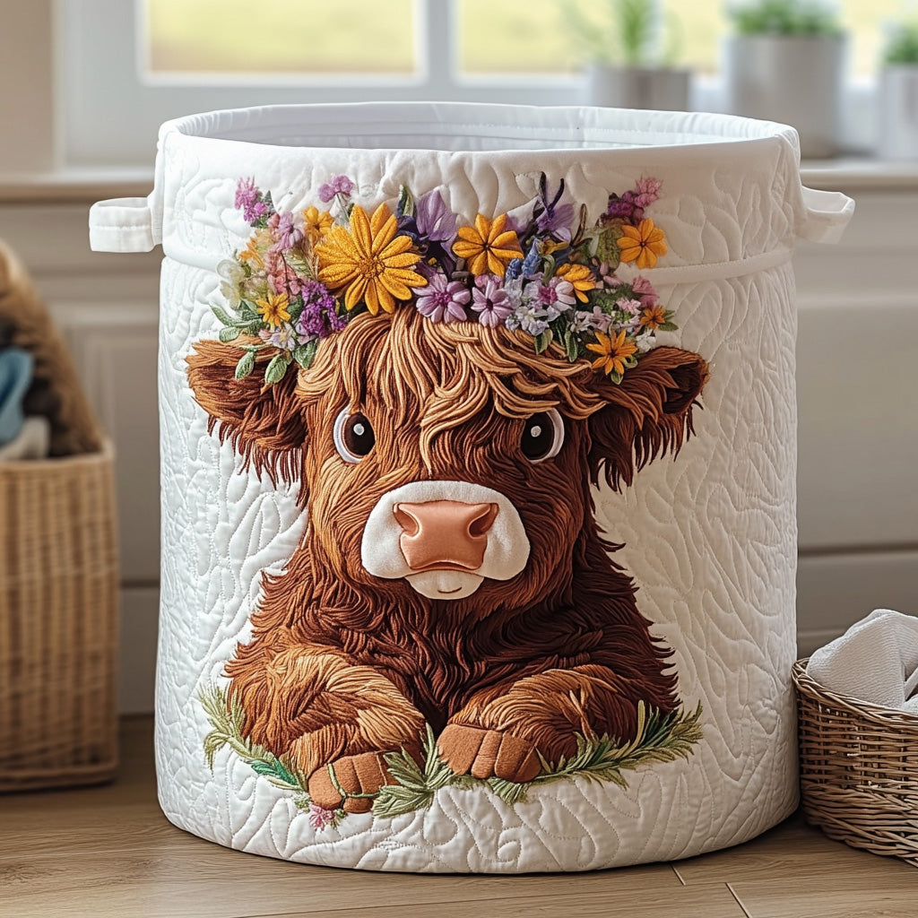 Highland Charm quilted laundry basket by THE WHITMORE FAMILY, cozy fabric with a soft quilted pattern, ideal for laundry storage.