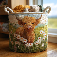 Highland Charm quilted laundry basket by THE WHITMORE FAMILY, featuring a soft quilted fabric with a stylish storage design.