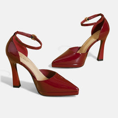 Red Evette leather heels by THE WHITMORE FAMILY featuring sleek pointed toes and stylish stiletto heels.