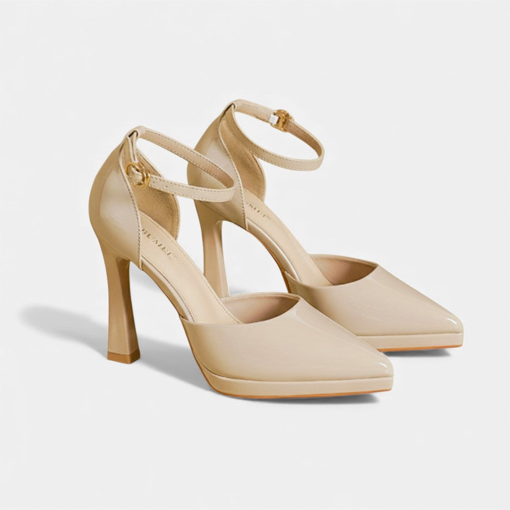 Red leather Evette heels by THE WHITMORE FAMILY featuring a sleek stiletto design and pointed toes.
