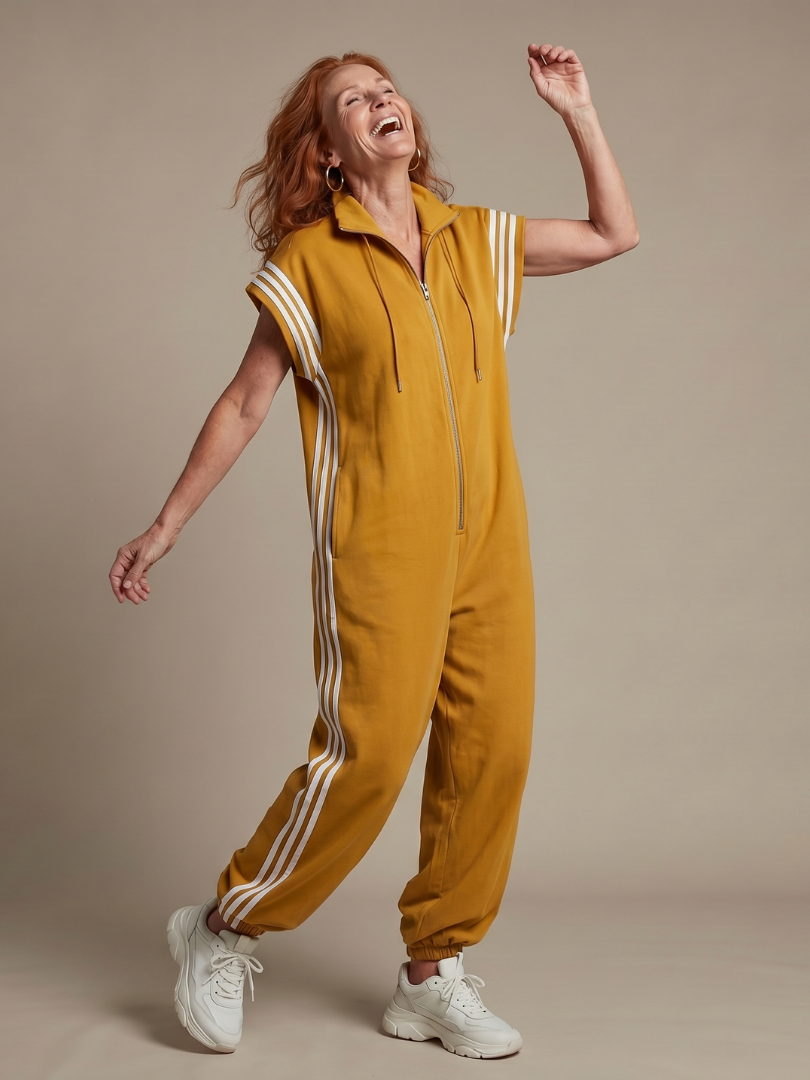 Red Lark zip-front stripe panel jumpsuit by THE WHITMORE FAMILY, featuring a stylish design and comfortable fit.