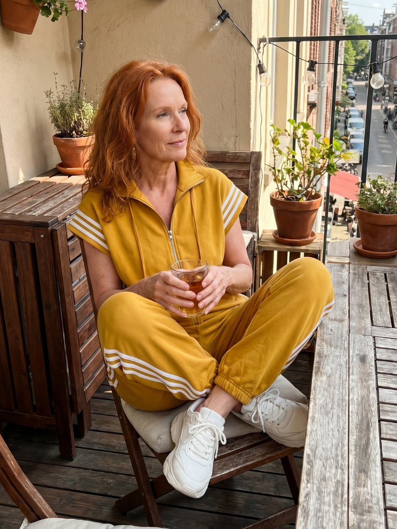 Red Lark Zip Front Stripe Panel Jumpsuit by THE WHITMORE FAMILY, featuring a front zipper and stylish stripe panels.