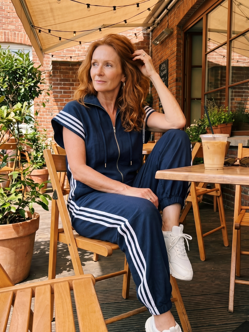 Red Lark zip front stripe panel jumpsuit by THE WHITMORE FAMILY, featuring a modern design and stylish fit.