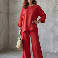Red Prue oversized tunic and wide-leg pant set by THE WHITMORE FAMILY, casual and stylish outfit, front view with relaxed fit.