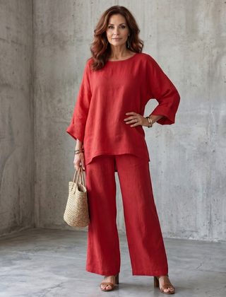 Red Prue oversized tunic and wide-leg pant set by THE WHITMORE FAMILY, casual and stylish outfit, front view with relaxed fit.