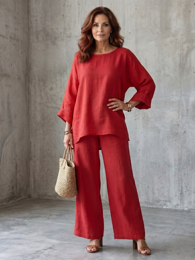 Red Prue oversized tunic and wide-leg pant set by THE WHITMORE FAMILY, casual and stylish outfit, front view with relaxed fit.