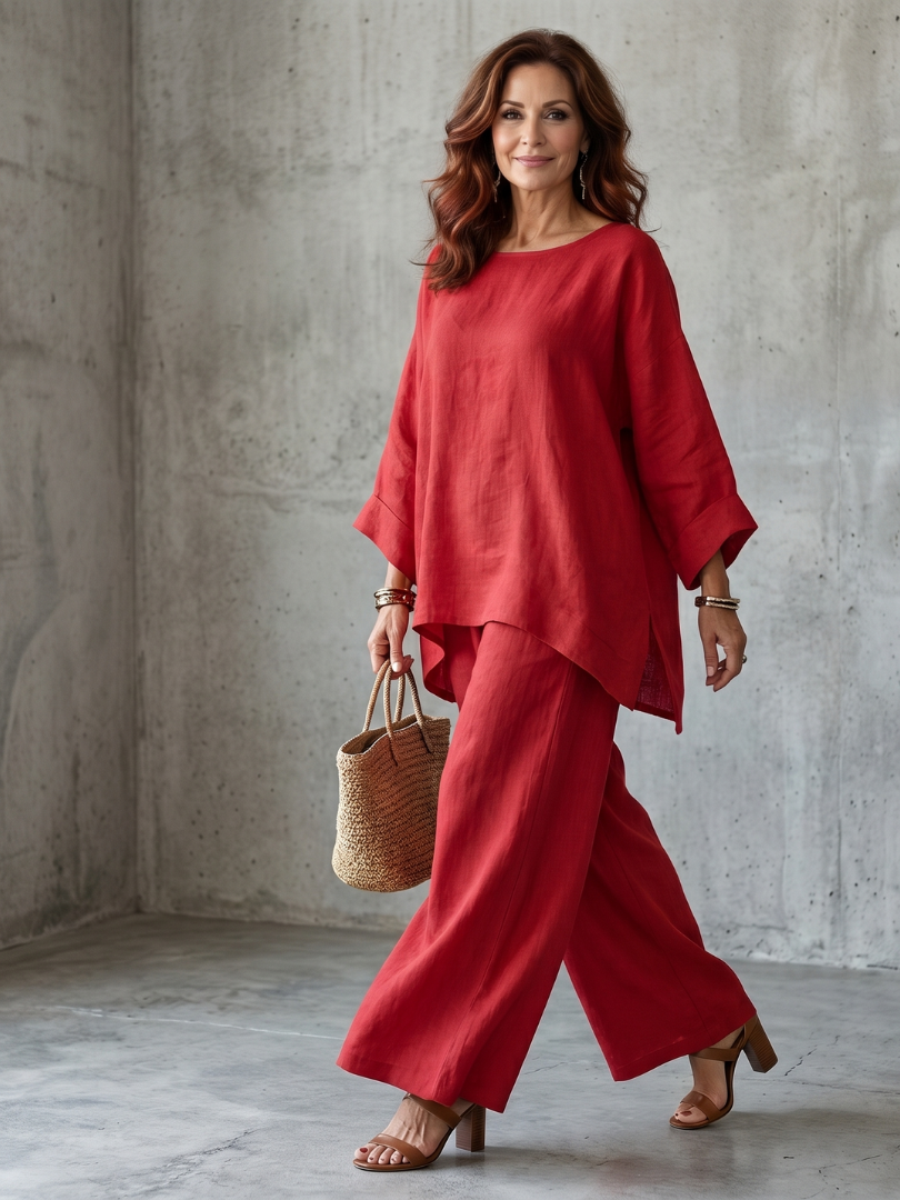 Red oversized tunic and wide-leg pant set by THE WHITMORE FAMILY, featuring relaxed fit and comfortable style.