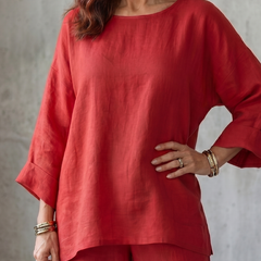 Red oversized tunic and wide-leg pant set by THE WHITMORE FAMILY featuring a relaxed, stylish, and comfortable casual look.