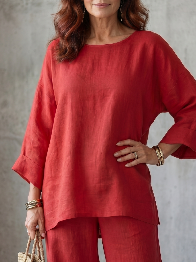 Red oversized tunic and wide-leg pant set by THE WHITMORE FAMILY featuring a relaxed, stylish, and comfortable casual look.