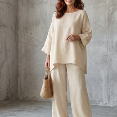 Red oversized tunic and wide-leg pant set by THE WHITMORE FAMILY, casual and comfortable women's fashion ensemble.