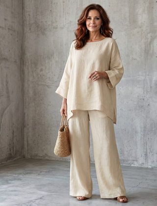 Red oversized tunic and wide-leg pant set by THE WHITMORE FAMILY, casual and comfortable women's fashion ensemble.