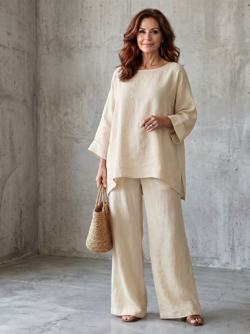 Red oversized tunic and wide-leg pant set by THE WHITMORE FAMILY, casual and comfortable women's fashion ensemble.