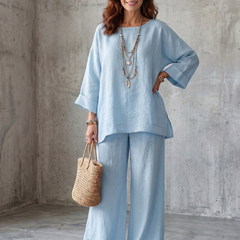 Red Prue oversized tunic and wide-leg pant set by THE WHITMORE FAMILY, stylish and comfortable for casual wear.
