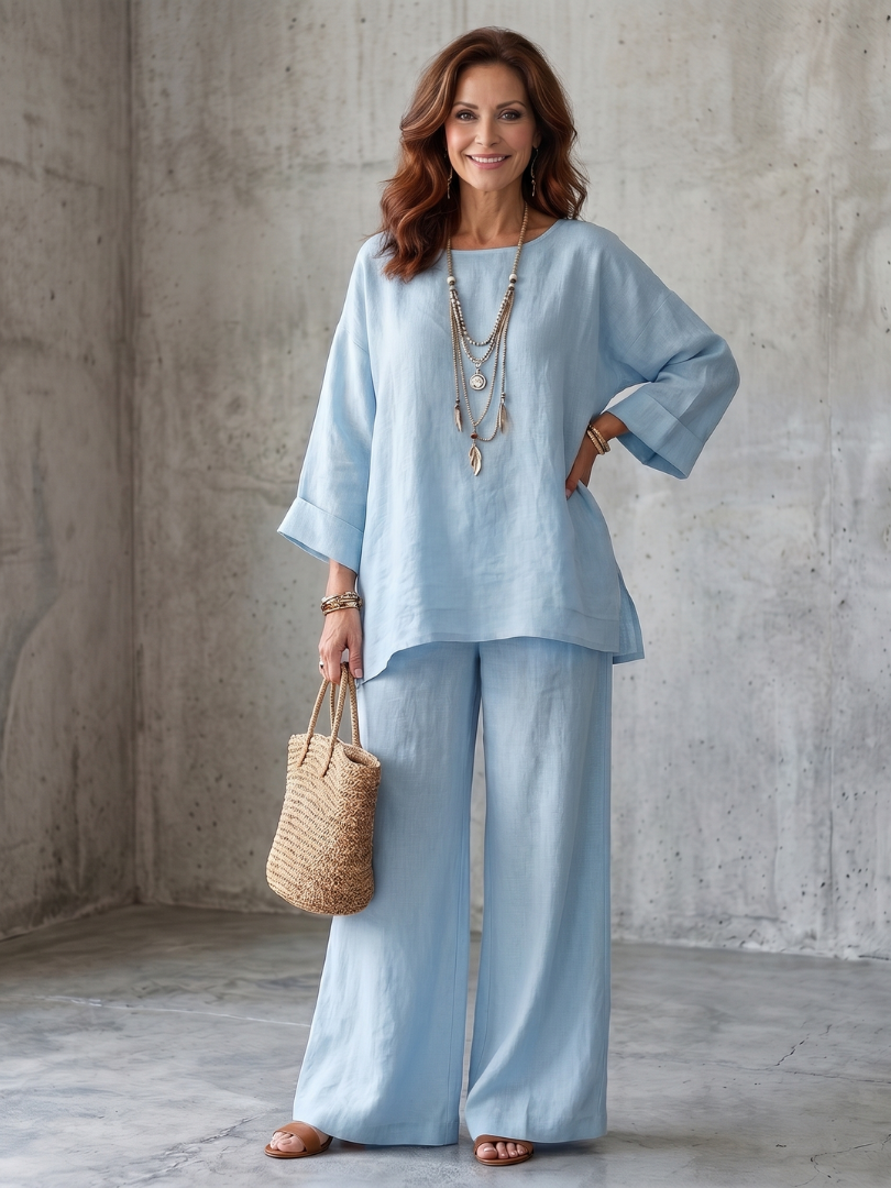 Red Prue oversized tunic and wide-leg pant set by THE WHITMORE FAMILY, stylish and comfortable for casual wear.