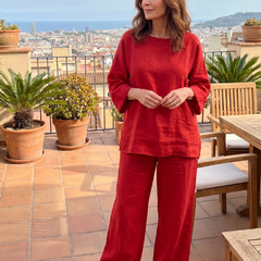 Red oversized tunic and wide-leg pant set by THE WHITMORE FAMILY, featuring relaxed fit and comfortable, stylish design.