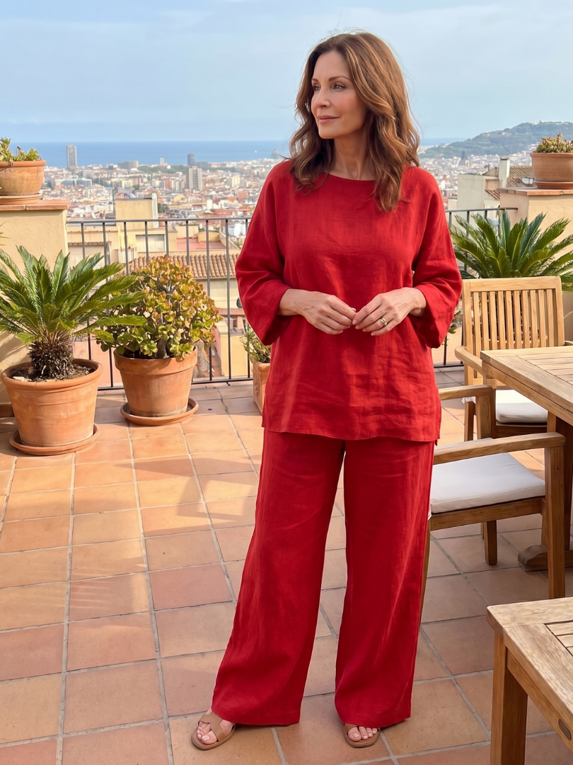 Red oversized tunic and wide-leg pant set by THE WHITMORE FAMILY, featuring relaxed fit and comfortable, stylish design.