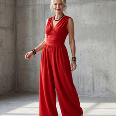 Vincenza deep V waist wide-leg jumpsuit by THE WHITMORE FAMILY, in vibrant red fabric with a fitted waist and flowing pant legs.
