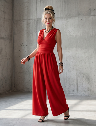 Vincenza deep V waist wide-leg jumpsuit by THE WHITMORE FAMILY, in vibrant red fabric with a fitted waist and flowing pant legs.