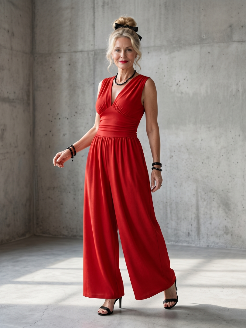 Vincenza deep V waist wide-leg jumpsuit by THE WHITMORE FAMILY, in vibrant red fabric with a fitted waist and flowing pant legs.