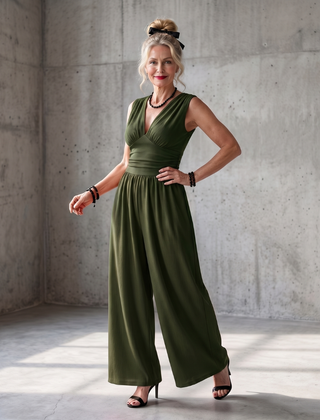 Vincenza wide-leg jumpsuit by THE WHITMORE FAMILY featuring a deep V neckline and waist definition in vibrant red fabric.