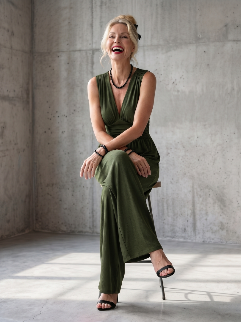 Vincenza deep V waist jumpsuit by THE WHITMORE FAMILY featuring wide-leg design and bold red color.