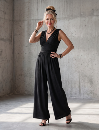 Vincenza deep V waist wide-leg jumpsuit by THE WHITMORE FAMILY, featuring a fitted waist and flowing wide-leg design.