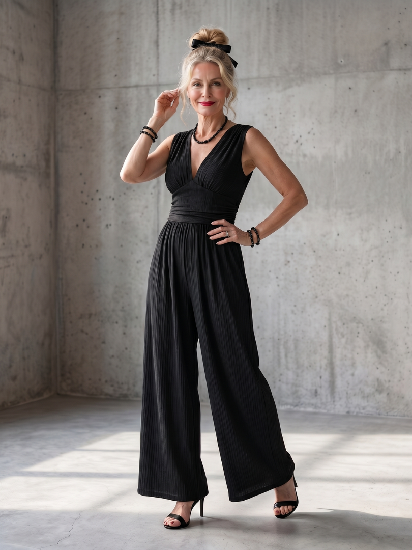 Vincenza deep V waist wide-leg jumpsuit by THE WHITMORE FAMILY, featuring a fitted waist and flowing wide-leg design.