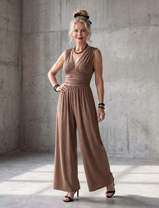 Vincenza deep V waist wide-leg jumpsuit by THE WHITMORE FAMILY, featuring a stylish red fabric and a flattering silhouette.