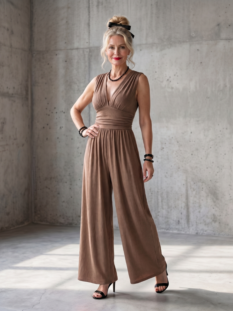 Vincenza deep V waist wide-leg jumpsuit by THE WHITMORE FAMILY, featuring a stylish red fabric and a flattering silhouette.