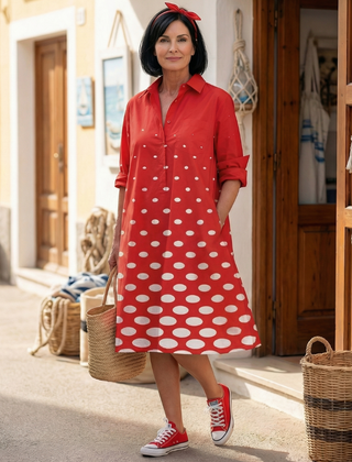 Red Wrenley Bright Day Dot Dress by THE WHITMORE FAMILY featuring cheerful white polka dots and a comfortable, stylish fit.