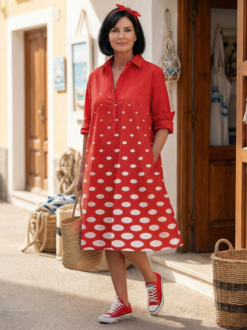 Red Wrenley Bright Day Dot Dress by THE WHITMORE FAMILY featuring cheerful white polka dots and a comfortable, stylish fit.