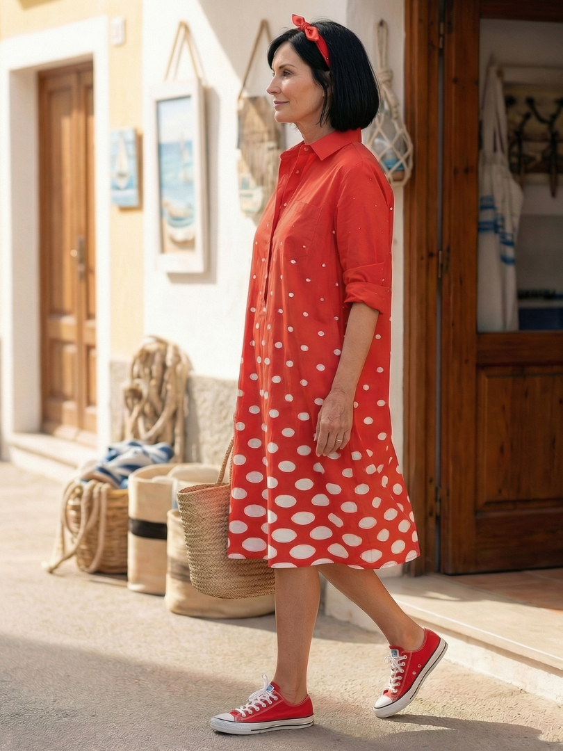 Red Wrenley Bright Day Dot Dress by THE WHITMORE FAMILY, showcasing a playful dot pattern and flowy fabric for girls.
