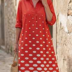 Red Wrenley Bright Day Dot Dress by THE WHITMORE FAMILY featuring a playful polka dot pattern and casual fit.