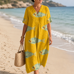 Elegant cotton dress by THE WHITMORE FAMILY named Agnes, featuring artistic-inspired patterns and a comfortable fit.