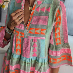 A woman wearing the Ava chic V-neck hemp summer dress by THE WHITMORE FAMILY, showcasing a flowy, natural fabric design perfect for warm weather.