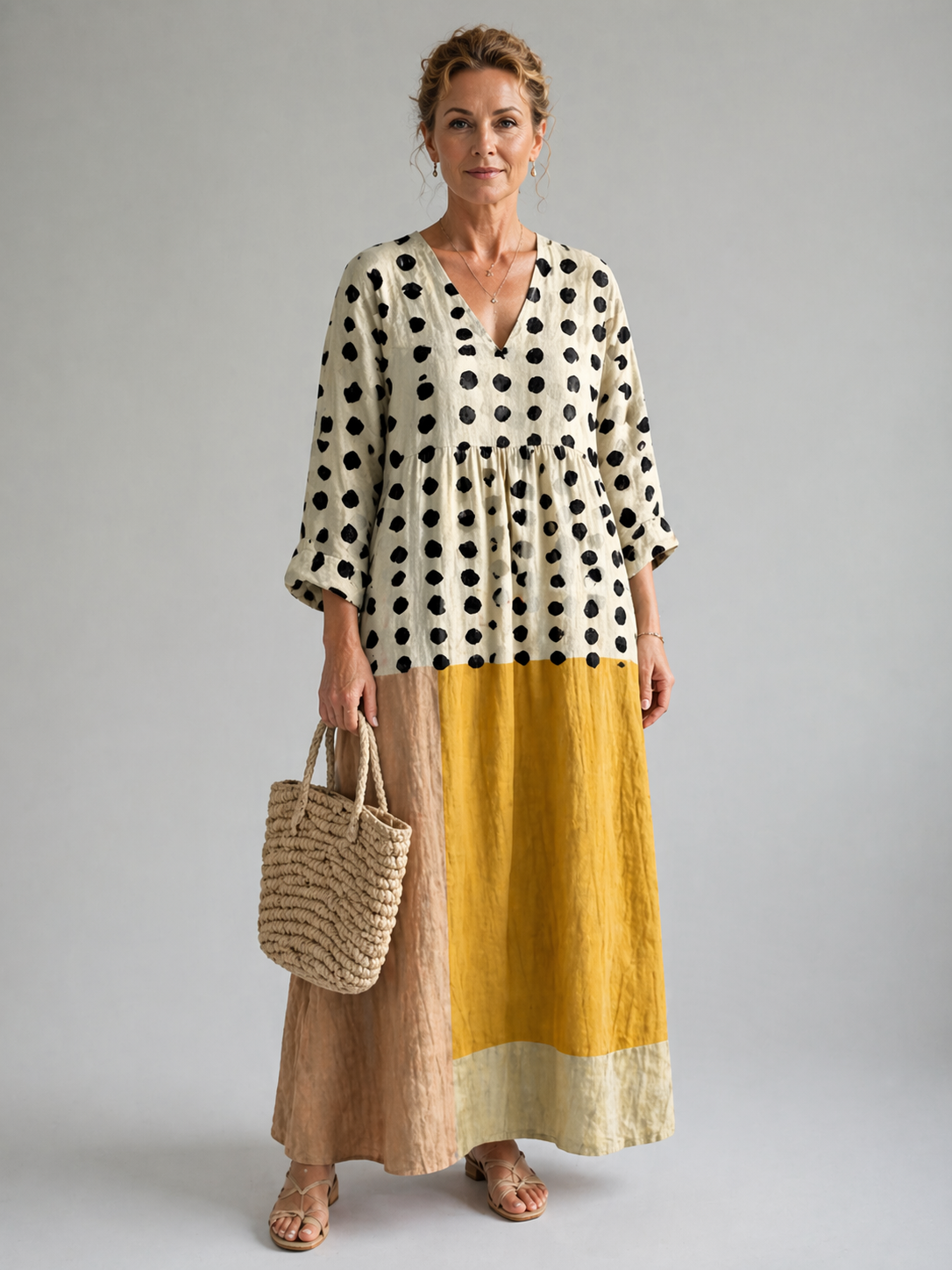 Jocelyn patterned summer dress by THE WHITMORE FAMILY displayed on a hanger, featuring vibrant floral and geometric designs.