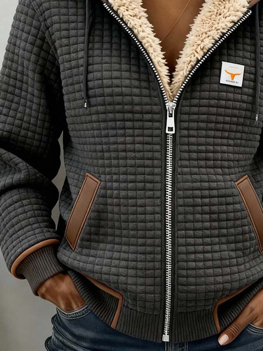 Silvana™ Sherpa-lined quilted zip-up hooded jacket by THE WHITMORE FAMILY, showing the warm, cozy interior and stylish exterior.