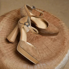 Brown Celeste Mary Jane heels by THE WHITMORE FAMILY featuring a stylish sandal design with elegant straps.