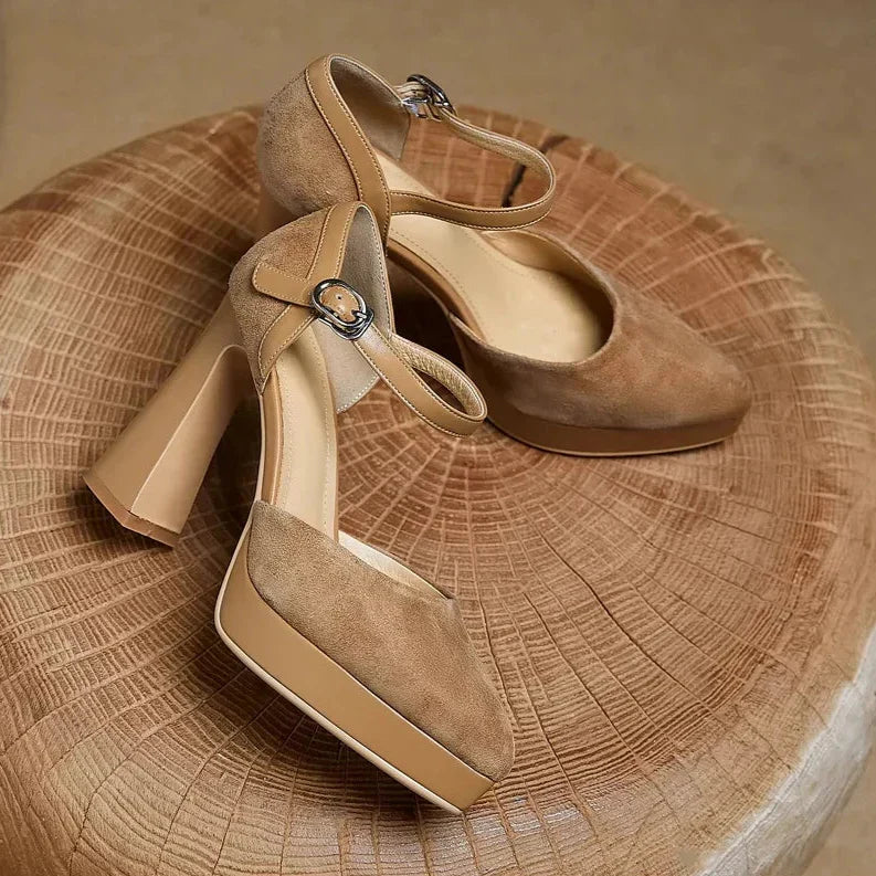 Brown Celeste Mary Jane heels by THE WHITMORE FAMILY featuring a stylish sandal design with elegant straps.